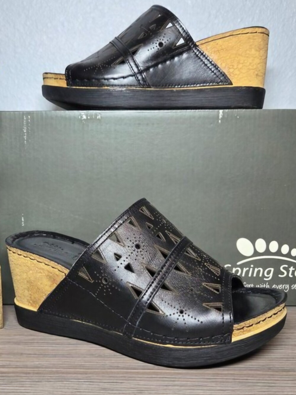 Spring Step Fusa Wedge Sandals Black Leather Women’s 36 (5.5–6) New!!!
